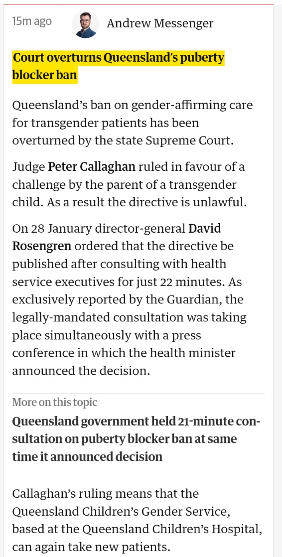 Another ideologically driven mess the Queensland LNP have got us into. They have no idea how to conduct things. 

Queensland’s ban on gender-affirming care for transgender patients has been overturned by the state Supreme Court. #qldpol theguardian.com/australia-news…