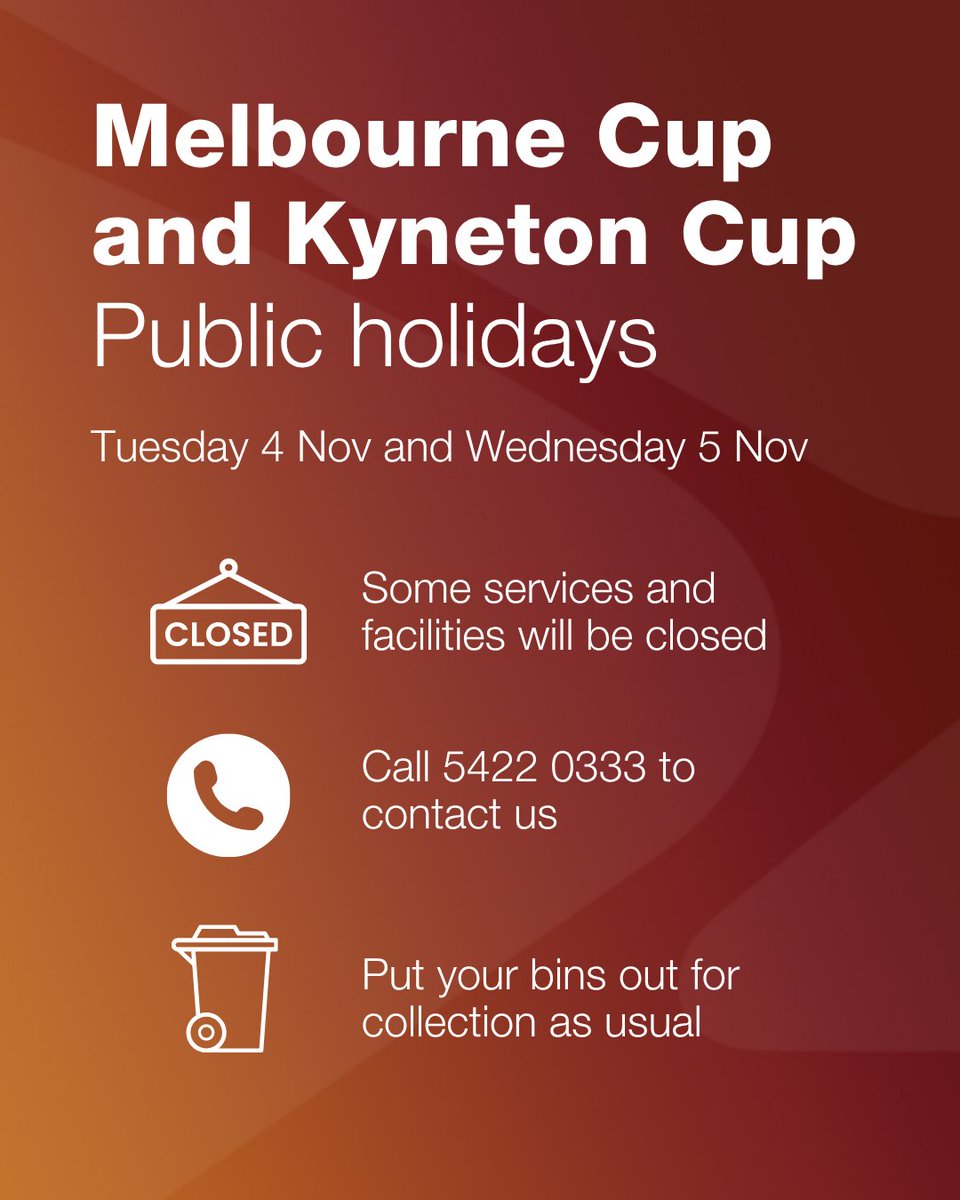 🏇 Melbourne/Kyneton Cup Public Holidays

Our Gisborne, Romsey and Woodend offices will be closed on Tues 4 Nov 2025.
Our Kyneton office will be closed on Wed 5 Nov 2025.

To report an urgent issue during this time, call (03) 5422 0333. 

More info: mrsc.vic.gov.au/public-holiday