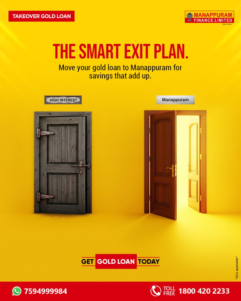 ManappuramMAFIL's tweet photo. High interest doesn’t have to be forever. Switch to Manappuram with our Takeover Gold Loan and save more every step of the way. Make the smart exit today.

Apply now: https://t.co/slbX3M3Nrm

#UnlockWithManappuram #GoldThatWorks #SmartUseOfGold #LowerInterestLoans #GoldForGoals https://t.co/8PswS4Odww