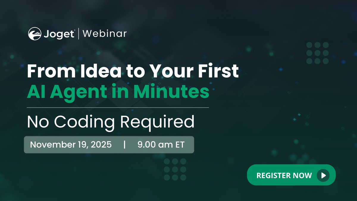 jogetworkflow's tweet image. See how to build, test &amp;amp; deploy AI agents—no coding required.

 Join the Joget Webinar: From Idea to Your First AI Agent in Minutes.

📅 November 19 | 9 AM ET

 🔗Register Now: hubs.li/Q03QdQCz0