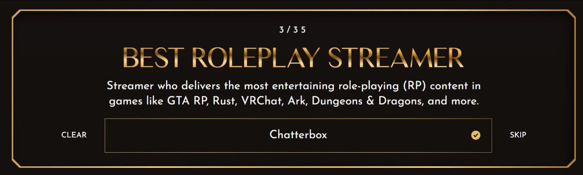 ChatterboxTLDR's tweet photo. HEY YOU! Vote @ItsChatterbox  for best Roleplay streamer of the year at the stream awards!!
https://t.co/MZaKoGrEB3 https://t.co/HSCwlXUbu9