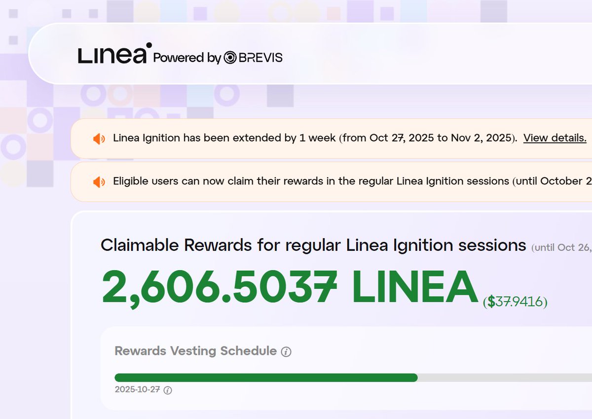 📌 Update! <a href="/LineaBuild/">Linea.eth</a> Ignition เปิดให้เคลมแล้ว

Claim: linea-ignition.brevis.network

เคลมทันที 40% ที่เหลือปลดล็อคแบบ linear ทุกวันเป็นระยะเวลา 45 วัน

#linea