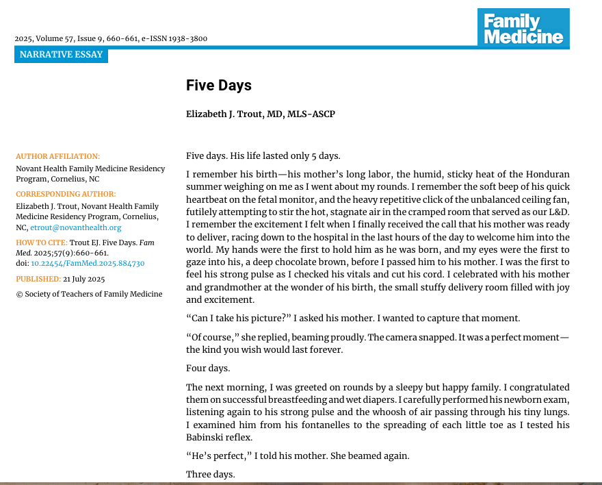 "He was loved and cherished, and he fought and struggled and suffered. His life was only 5 days, but it mattered."

In "Five Days", Elizabeth J. Trout, MD, MLS-ASCP, describes the heartbreaking story of a newborn's brief life and the doctor's grief: journals.stfm.org/familymedicine…