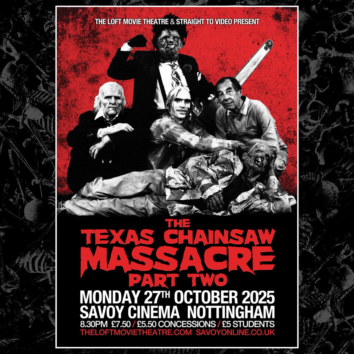 Huge thanks to <a href="/LoftMovieNotts/">Loft Movie Theatre</a>, <a href="/80sVideoShop/">80s Video Shop</a> and <a href="/savoycinemasuk/">Savoy Cinemas UK</a> Nottingham for tonight's fantastic big-screen outing of THE TEXAS CHAINSAW MASSACRE 2!!  The week ahead always feels more bearable after a Loft Movie Monday...📽️👍👍