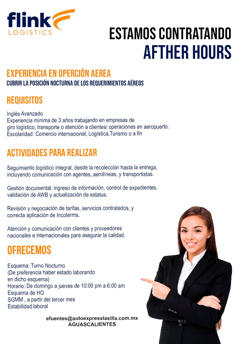 Nuestro Asociado Flink Logistics 
¡Te está Buscando!

Vacante: After Hours / Experiencia en Operación Aérea
Ubicación: Aguascalientes
Enviar CV: efuentes@autoexpresslasilla.com.mx

facebook.com/FlinkLogistics…