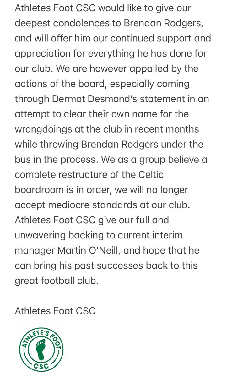 AthletesFootCSC's tweet photo. Athletes Foot CSC statement regarding the resignation of Brendan Rodgers: https://t.co/FnCOk6ctXV