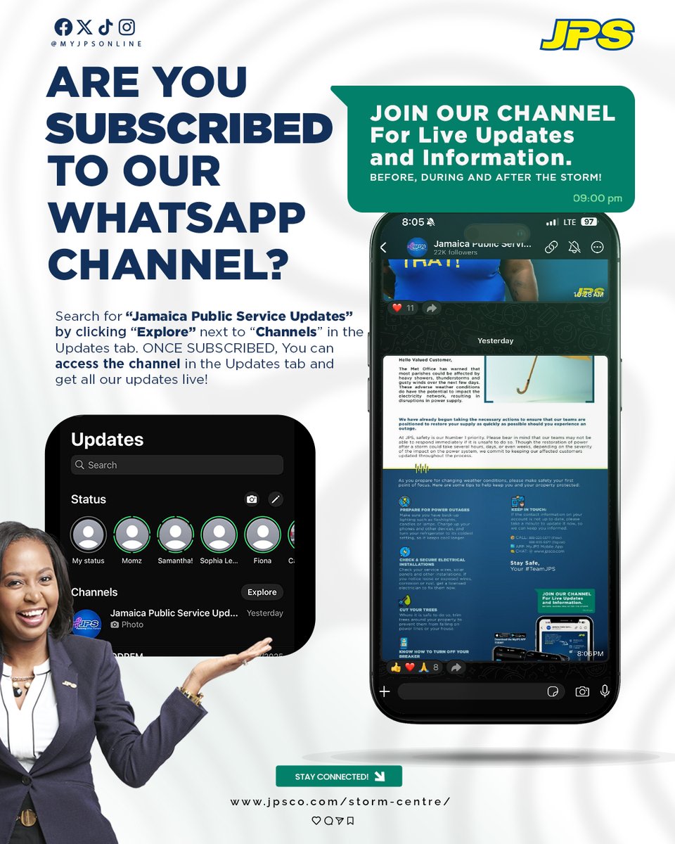 myJPSonline's tweet image. Jamaica, we’re weathering the storm together! 🌀

Stay Informed. Stay Safe. #WeStandTogether 💪🏾

We’re reminding all JPS customers and members of the public to rely only on official JPS channels for accurate information and updates.

Get trusted updates &amp;amp; connect with us: