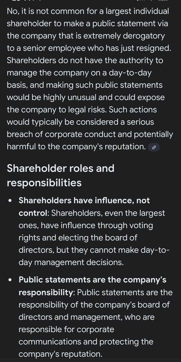 yogijunior3's tweet photo. What does AI think about how common this situation is? 
From a PLC point of view, I hope folk appreciate how unprecedented this type of behaviour is. It’s genuinely stunning. An official statement is NOT the forum for a personal rant attempting to discredit & potentially defame a resigning senior employee.