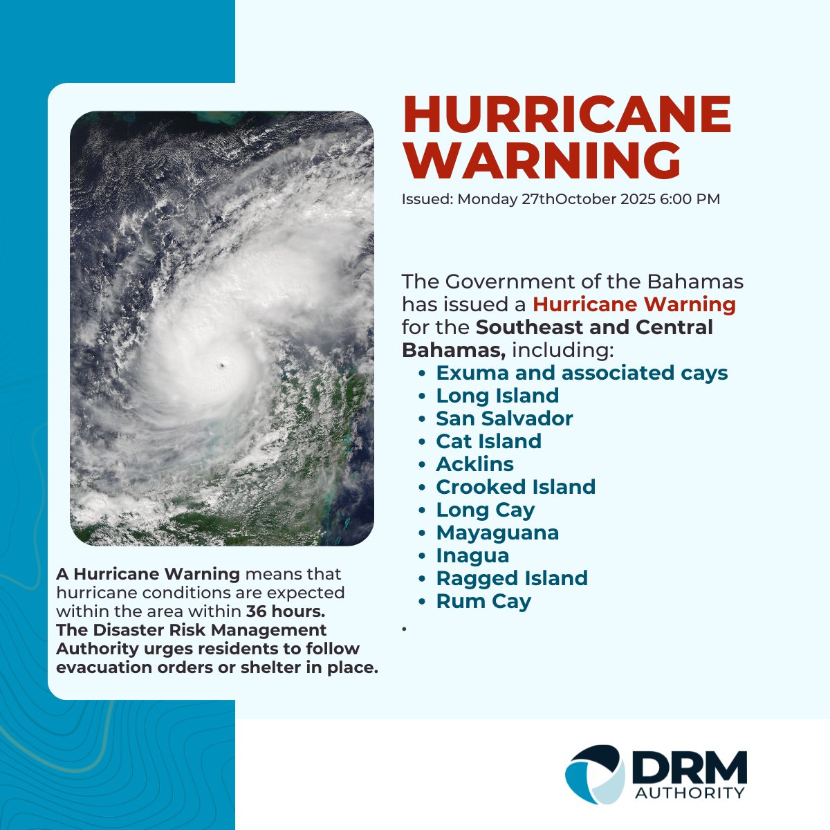 ⚠️ HURRICANE WARNING IN EFFECT ⚠️
The Govt of The Bahamas has issued a Hurricane Warning for the Southeast &amp; Central Bahamas. Residents should follow evacuation orders or shelter in place.
👉 getready.gov.bs
#HurricaneMelissa #Bahamas #GetReadyBahamas