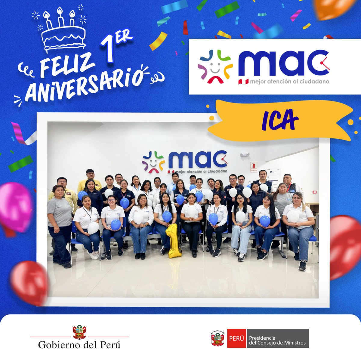 🎉 ¡Celebramos nuestro 1er aniversario!
El Centro MAC Ica cumple un año acercando los servicios del Estado a la ciudadanía 🙌🇵🇪.
Gracias por confiar en nosotros 💙.
#MACPerú #MejorAtención #AniversarioMAC #Ica