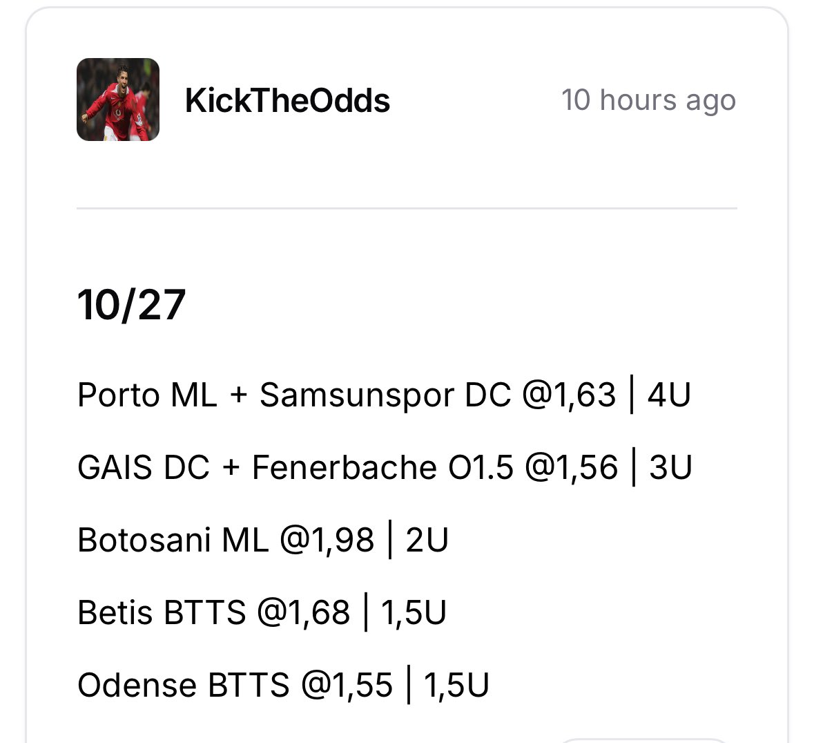 Great day to start the week 🏆

Porto ML + Samsunspor DC 
@ 1,63 | 4U✅
GAIS DC + Fenerbache O1.5 
@ 1,56 | 3U✅
Botosani ML @ 1,98 | 2U✅
Odense BTTS @ 1,55 | 1,5U✅
Betis BTTS @ 1,68 | 1,5U❌