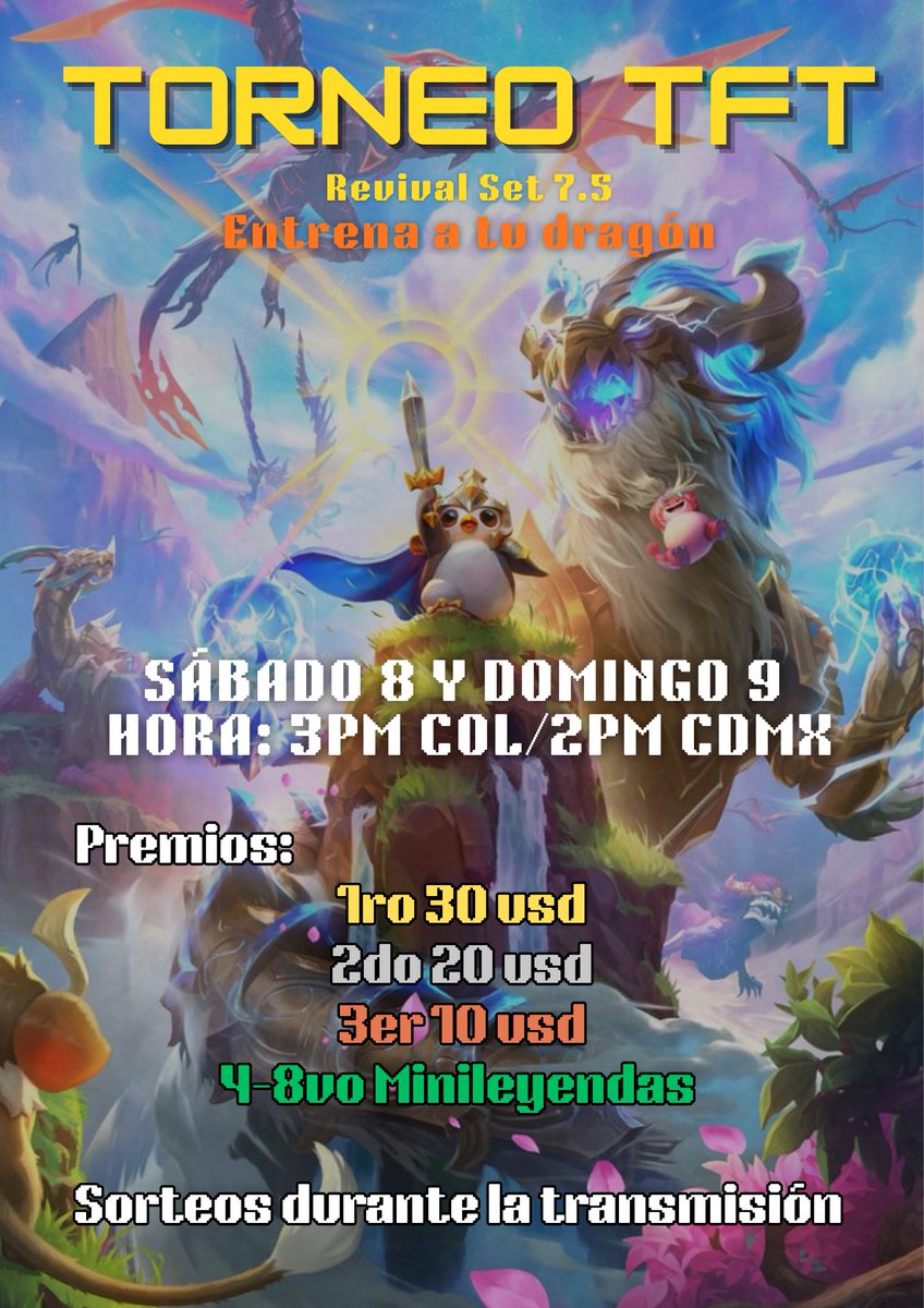 ¡Hola! Ya están abiertas las inscripciones para el TORNEO "Entrena a tu dragón"  

Horario: 
Sábado 8 y Domingo 9 de Noviembre  
15:00🇨🇴/14:00🇲🇽/17:00🇨🇱🇦🇷

64 players
Server: LAN
SET Revival 7.5
 
Formulario de inscripción:
forms.gle/3iSJvSLXJdoJHx…
Discord: discord.gg/q9aH23ksYt