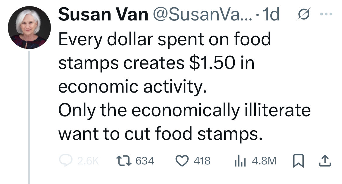 Oh for freaking hell… Then we should all be on food stamps if it’s that good for the economy let’s forget having jobs