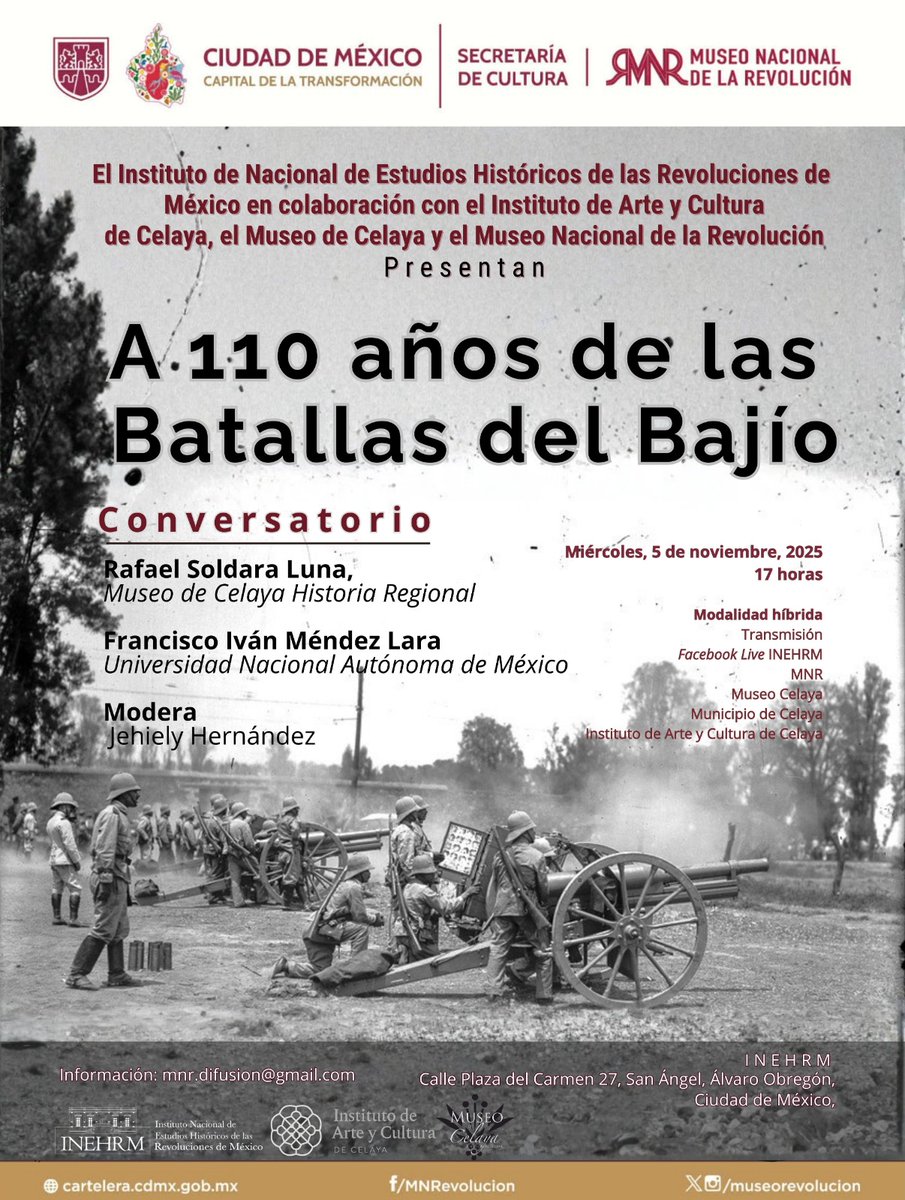 #Entérate

#NoTePierdas el #Conversatorio  A 110 años de las Batallas del Bajío #TeEsperamos el próximo 📅#Miércoles 5 de noviembre a las ⏰17 horas en las instalaciones del INEHRM o #conéctate a la 🔴#Transmisión por #FacebookLive de las instituciones participantes