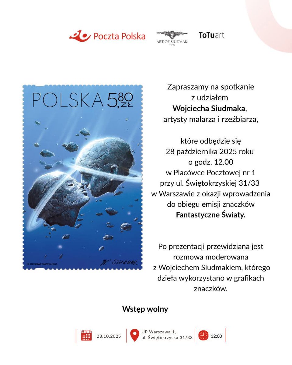 filatelistyka's tweet image. Spotkanie z mistrzem realizmu fantastycznego – Wojciechem Siudmakiem z okazji emisji znaczków  &quot;Fantastyczne światy&quot;! 🎨

📅  28 października, godz. 12:00
📍  Placówka Pocztowa nr 1, ul. Świętokrzyska 31/33, Warszawa

🖊️  Autografy (w ograniczonym czasie) + możliwość zakupu…