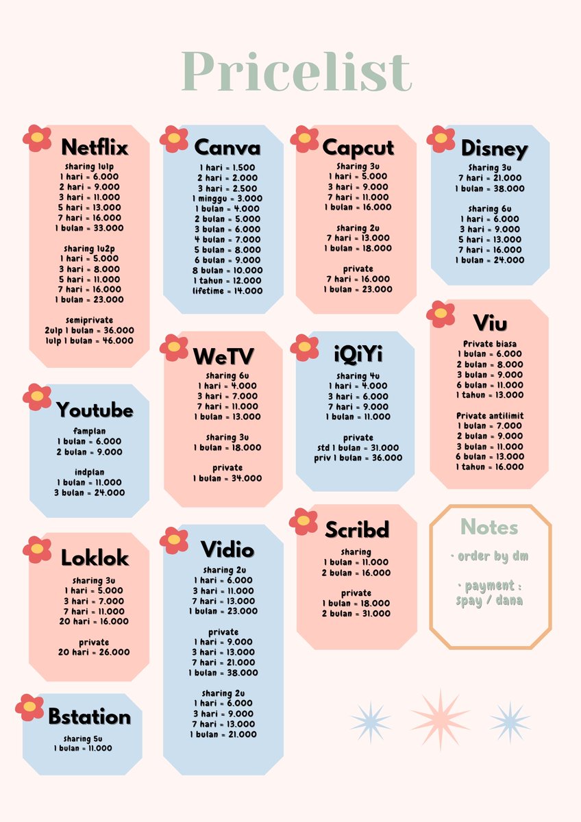 WTS WTB AKUN PREM NETFLIX CANVA CAPCUT DISNEY YOUTUBE VIU IQIYI BSTATION SCRIBD LOKLOK 
#zonauang yukk gais, order by dm..