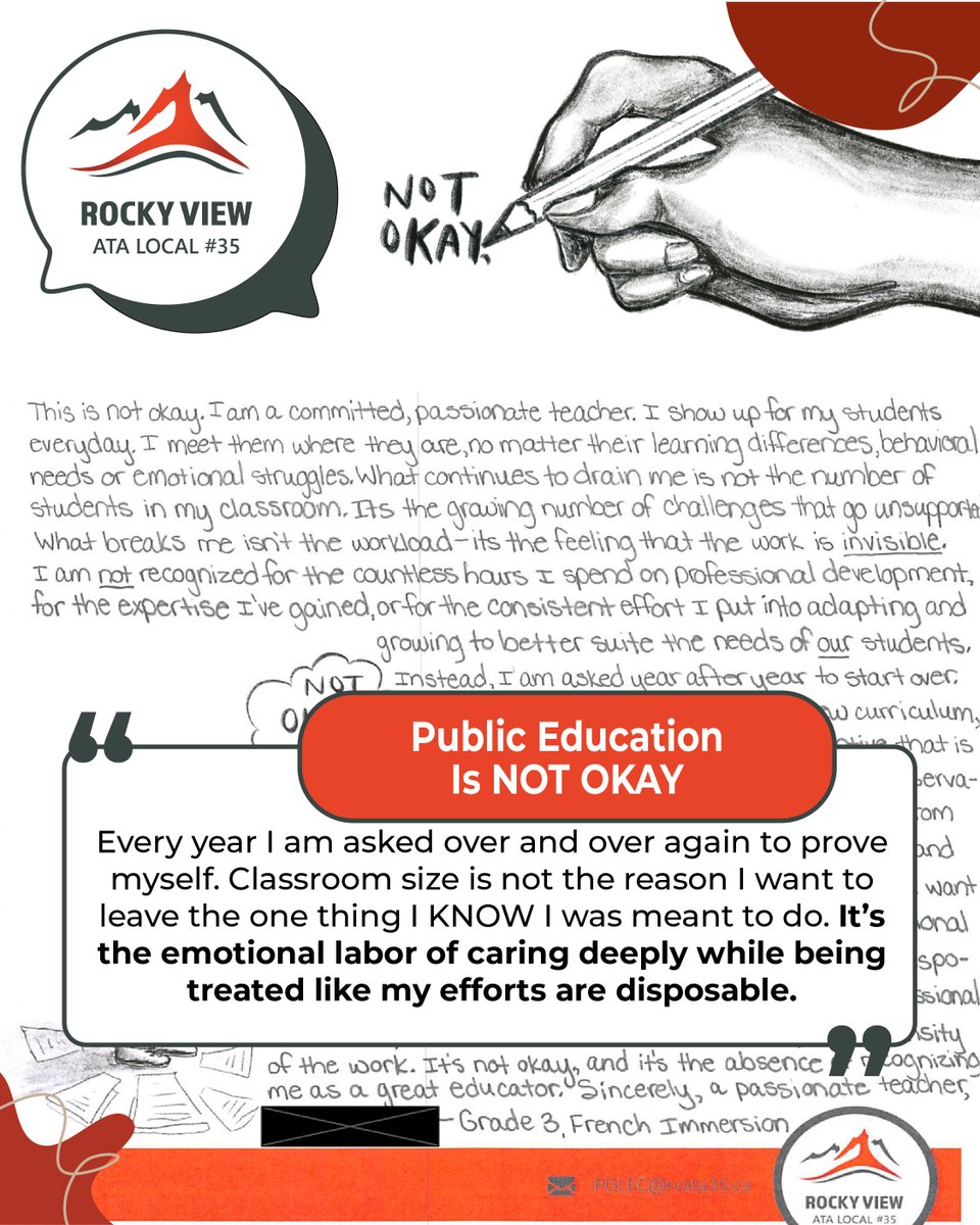 Public education is NOT OKAY.

We ask you to reflect, recognize the emotional toll, and take a stand for the future of public education.
📢 Share our messages.

📚 Get informed.

✊ Advocate fiercely.

Support public education. Support our future.
#Red4EdAB #AlbertaTeachers