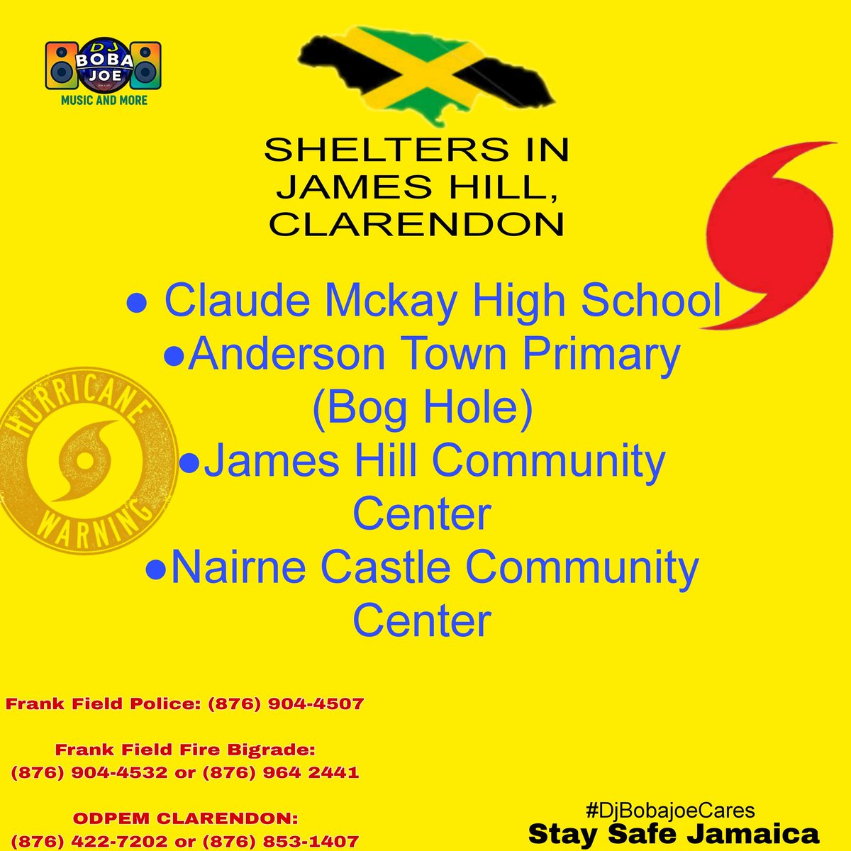 RealDJBobajoe's tweet photo. Quick bulletin for shelters in James Hill, Clarendon.
Please do not delay 
#HurricaneMelissa #Jamaica https://t.co/vfkV3y35Ha