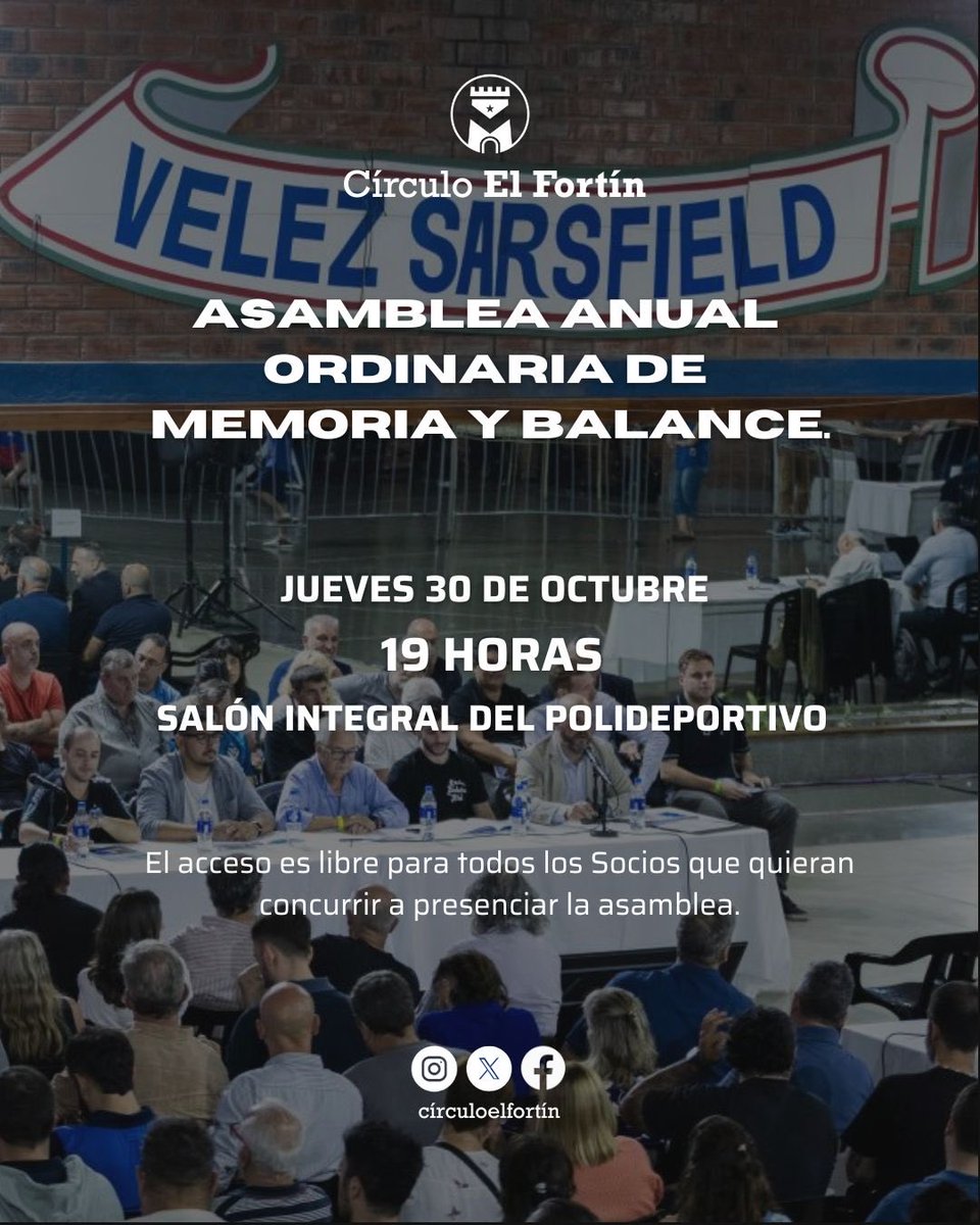 CirculoElFortin's tweet image. 🗒️ El jueves 30/10 se realizará la Asamblea Anual Ordinaria de Memoria y Balance.

📍 Salón Integral (Polideportivo)
⏰ 19 h 

ℹ️ Entra para más información: velez.com.ar/club/notas/202…