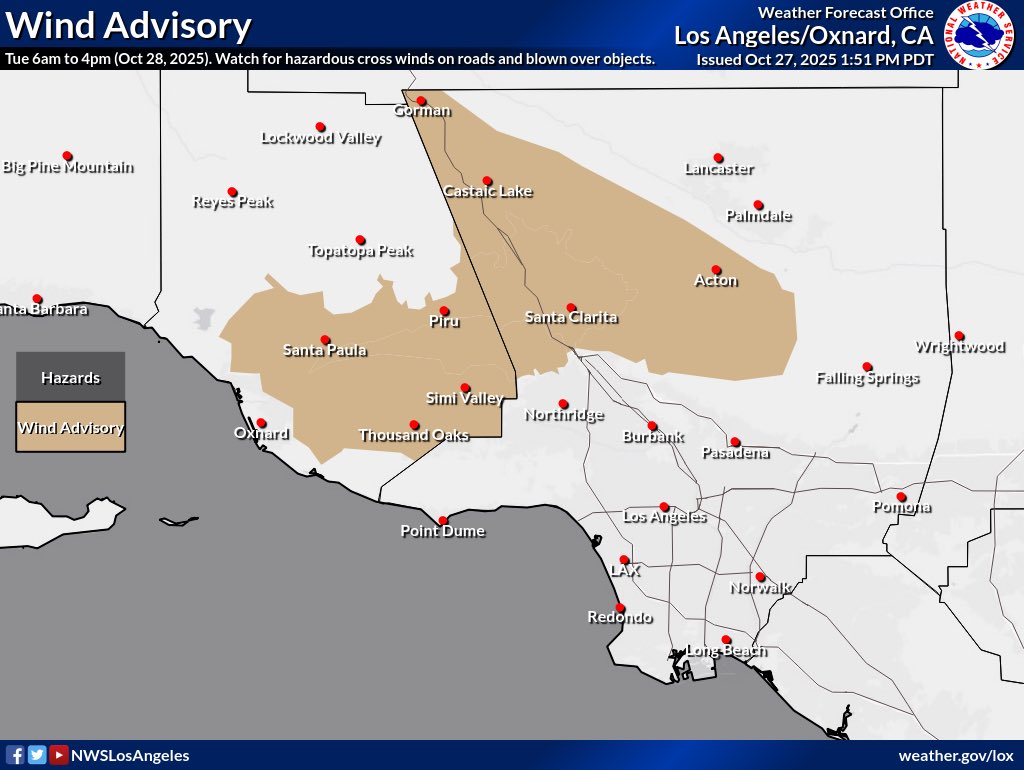 CountyofLA's tweet image. A Red Flag Warning, Wind Advisory, and Heat Advisory are in effect for portions of L.A. County — including the Western San Gabriel Mountains, Santa Susana Mountains, Antelope Valley, and edges of the Santa Clarita Valley.

📍Red Flag Warning: 6 a.m. Tuesday – 6 p.m. Wednesday