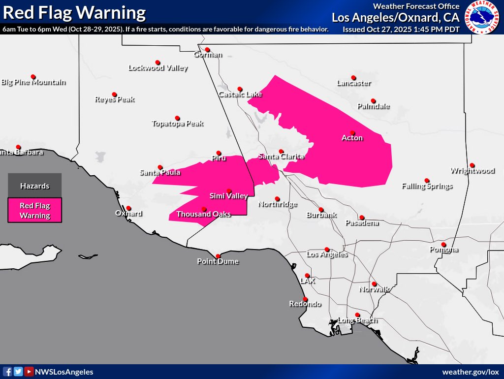 CountyofLA's tweet image. A Red Flag Warning, Wind Advisory, and Heat Advisory are in effect for portions of L.A. County — including the Western San Gabriel Mountains, Santa Susana Mountains, Antelope Valley, and edges of the Santa Clarita Valley.

📍Red Flag Warning: 6 a.m. Tuesday – 6 p.m. Wednesday