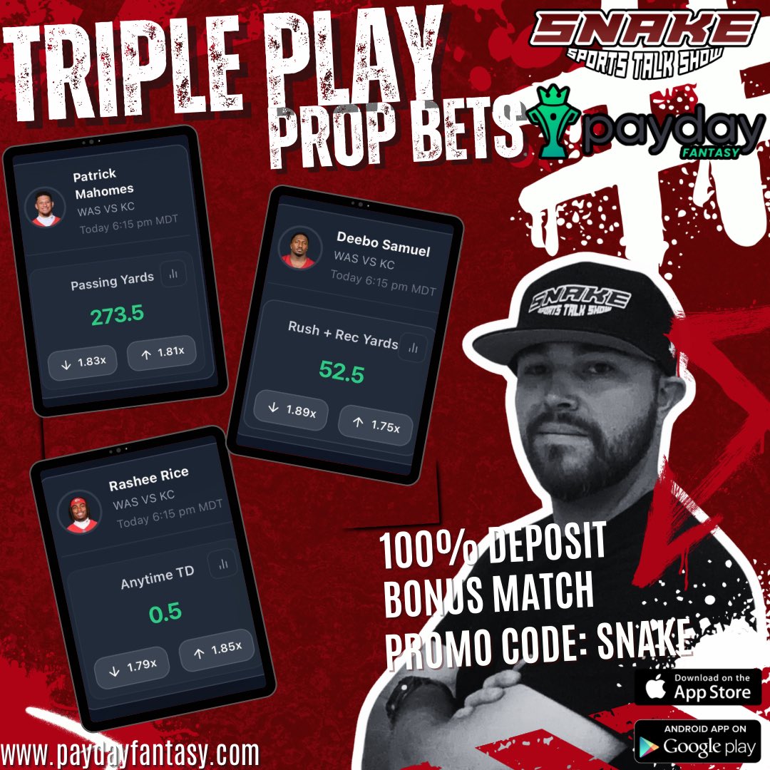 MNF - WSH vs KC Triple Play Prop Bets

1. QB Patrick Mahomes ⬇️ 273.5 Pass YDS
2. WR Deebo Samuel ⬆️ 52.5 Total YDS
3. WR Rashee Rice ⬆️ 0.5 Anytime TD

Sign-up at <a href="/paydayfantasy/">Payday Fantasy</a> today and get in on the action all season long.  Get 100% deposit match bonus of $100 using Promo