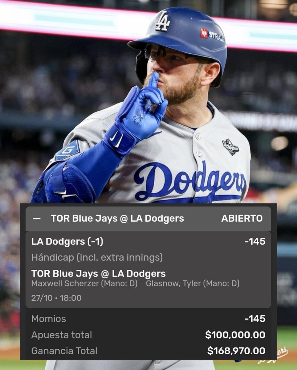 APUESTA TUMBADA DE $100,000
YA SABEN QUE SI GANAMOS ESTE TIPO DE APUESTAS REGALO $8,000 ENTRE 4 GANADORES
DINAMICA ANTERIOR PENDIENTE, PERO HOY SALEN LOS GANADORES
PARA PARTICIPAR DAR LIKE RT Y COMENTAR
#DODGERS #WANTITALL #SERIEMUNDIAL #Postseason