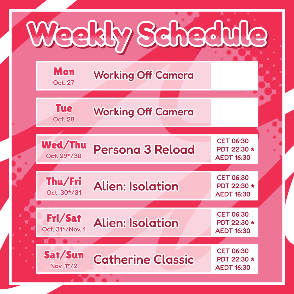 【Schedule】 
📅October 27 - November 2nd

It's Halloween week, which means that I'll be playing Alien Isolation twice!
Unfortunately I won't get candies... BUT I can "enjoy" a bit of extra horror instead!!!