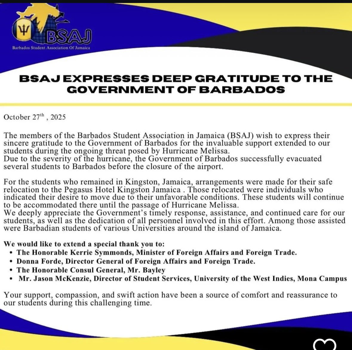 Barbados Students Association of Jamaica issues statement thanking Government for the evacuation and reallocation of several students ahead of Hurricane Melissa