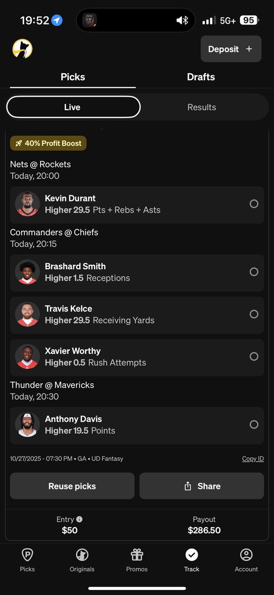 NoOddsGiven's tweet photo. 🚀 MULTI-SPORT BOOSTED CARD 💰🔥NBA + NFL combo play 🧠

🏀 Kevin Durant o29.5 PRA ⭐️8.7
🏈 Brashard Smith o1.5 Recs ⭐️8.5
🏈 Travis Kelce o29.5 Rec Yds ⭐️8.8
🏈 Xavier Worthy o0.5 Rush Att ⭐️8.3
🏀 Anthony Davis o19.5 Pts ⭐️9.0

💎 Avg ⭐️8.7 | 💵 $50 → $286.50 | ⚡️40% Boost
#PrizePicks #NoOddsGiven #NOG #TIG #NFL #MNF #NBA