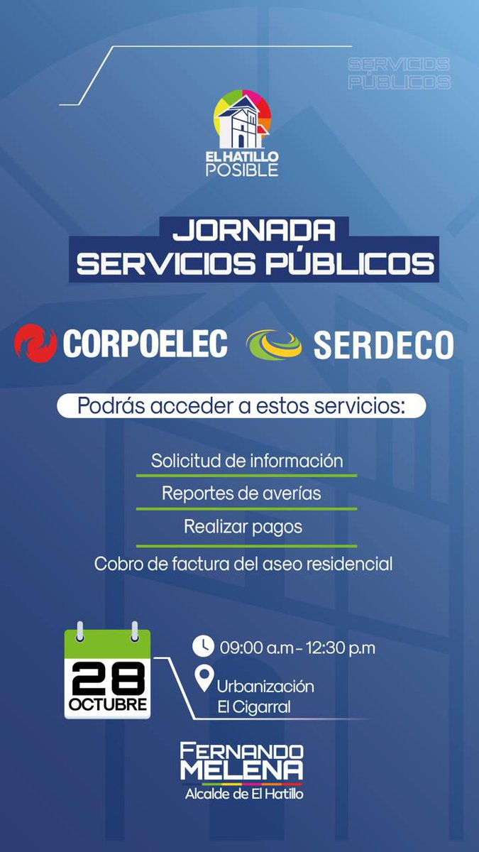 📣 #ServiciosEHInforma | 👥 #MegaJornada

🗣️ Atención Vecinos 

Les recordamos el día de mañana una nueva Jornada de las Empresas *#Corpoelec y #Serdeco* (Administradora del Aseo Urbano Residencial), al servicio de la comunidad.

Se atenderá:

🔹 Solicitudes de información