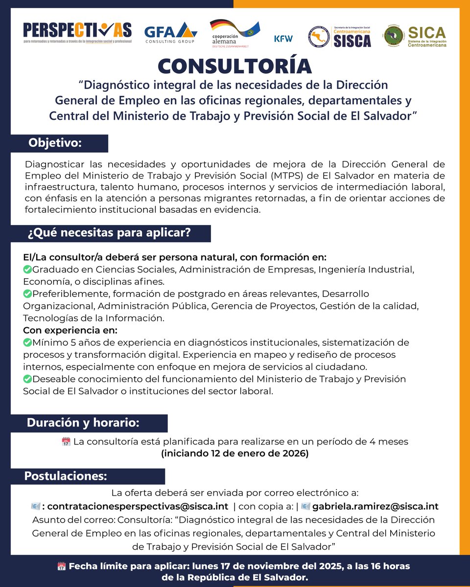 📍¡Nueva oportunidad de consultoría!💼
Desde el Proyecto #PERSPECTIVAS, financiado por <a href="/KfW_en_CA/">KfW Centroamerica</a>, te invitamos a participar en la convocatoria “Diagnóstico integral de las necesidades de la Dirección General de Empleo en las oficinas regionales, departamentales y Central del