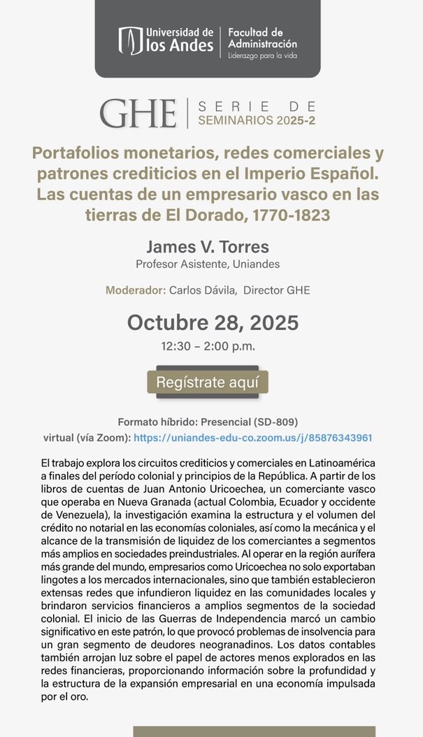 Mañana, en el Grupo de Historia y Empresariado de <a href="/AdmonUniandes/">AdmonUniandes</a>, estaré presentando este avance sobre redes crediticias en economías preindustriales. Está en la colonia la causa de la baja profundización financiera del país? Híbrido! Info en: forms.office.com/pages/response…