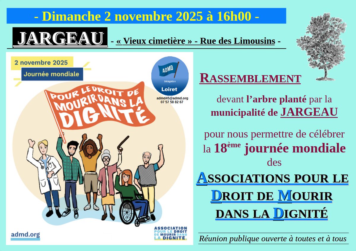 Journée mondiale pour le droit de mourir dans la dignité, - N'hésitez pas à venir nous rejoindre -
<a href="/ADMDPRESSE/">ADMD - Service Presse</a> <a href="/ADMDFRANCE/">Mourir dans la Dignité</a> <a href="/iciorleans/">ici Orléans</a> <a href="/F3Centre/">France 3 Centre-Val de Loire</a> <a href="/larep_fr/">La République du Centre</a> #LoiFindeVie