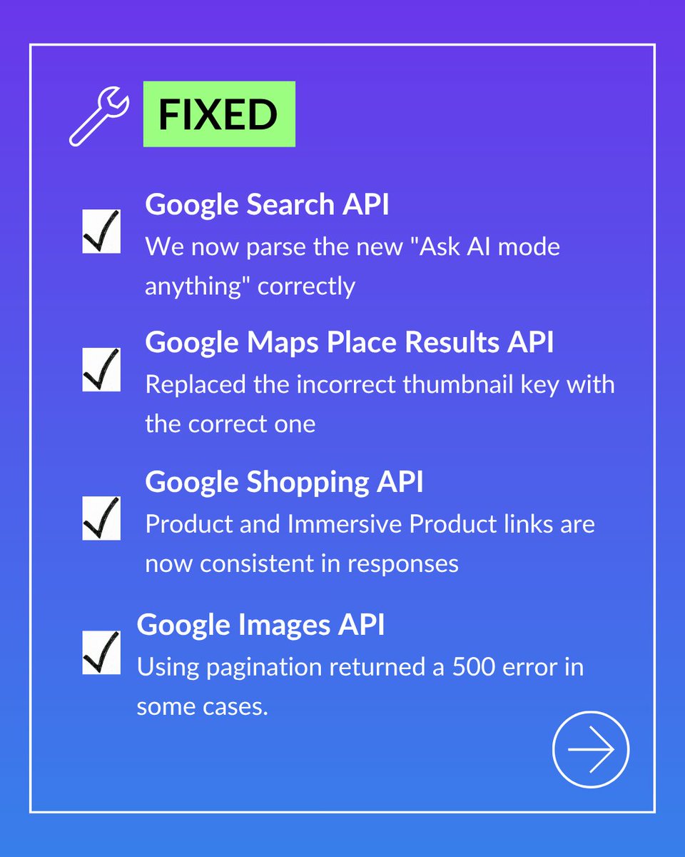 serp_api's tweet image. 🚀 Weekly Updates (Oct 20-26)
This week’s improvements include key fixes across multiple endpoints.
For more details, review our weekly changelog blog post:
serpapi.com/blog/serpapi-w…
Check out the full list of updates in the link below 👇
serpapi.com/release-notes...
#SerpApi…