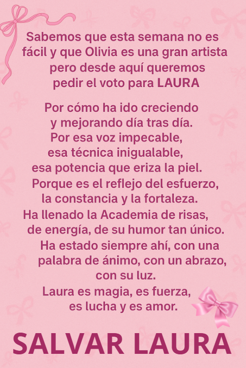 LauraMunozNews's tweet photo. Podríamos tirarnos horas describiendo todo lo bueno que tiene Laura que nos hace votar por ella. Pero solo os pedimos que nos ayudéis. 

Iniciamos campaña SALVAR LAURA. Nosotras no nos rendimos💪#OTGala6 https://t.co/VoaxunzFtD