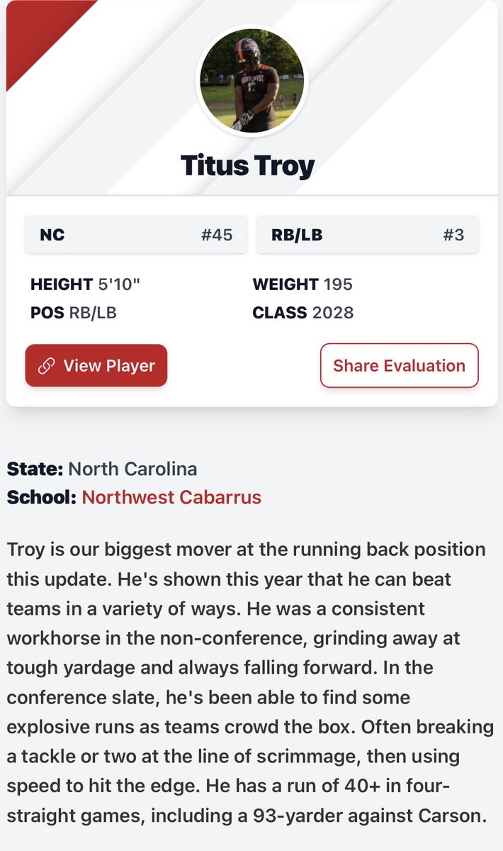 TitusTroy2028's tweet photo. Thank you for the Writeup @whelms21! Blessed to be Ranked as the 3rd best RB in NC 28'! More work to be done‼️
@CoachE_Morman 
@NCHSTrojanFB 
@pepman704 
@JardaleBlakeney https://t.co/8QGqdc94o1