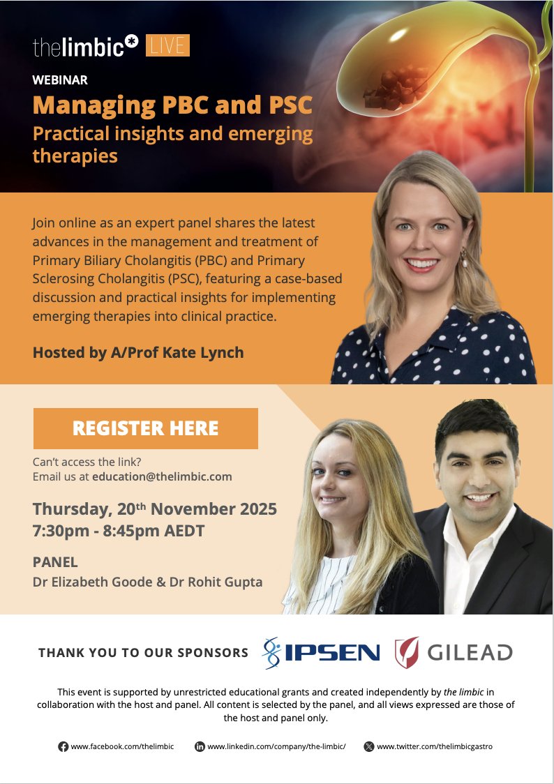Join Dr Kate Lynch, Dr Elizabeth Goode and myself as we discuss the latest and emerging treatments in PBC and PSC on 20th November.

Thank you <a href="/thelimbicgastro/">the limbic</a> for hosting us.

Register below at: 
lnkd.in/gbMx-gkS

#livertwitter #medtwitter #gitwitter