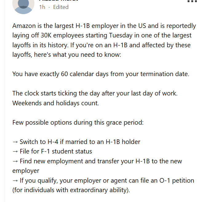 BarefootStudent's tweet image. Amazon&apos;s H-1B workers are in a panic. 

Immigration lawyers are offering tips like file for F-1 status and switch to H-4 if married to an H-1B. 

0-1 is on the table.