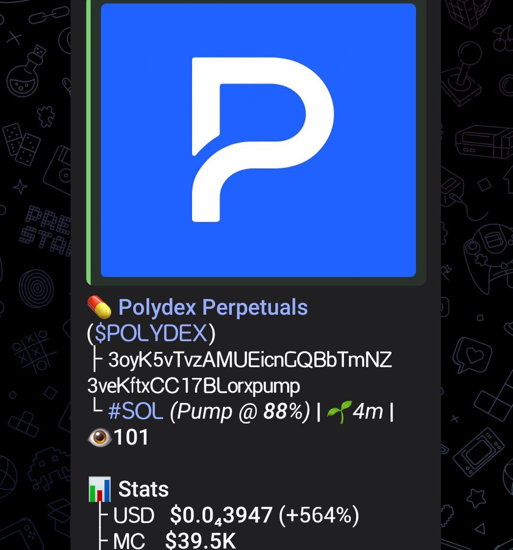 wizziyboy's tweet image. I aped $POLYDEX to my private Telegram group at a $39k market cap. 

⛓️ #Solana

Ca:  
3oyK5vTvzAMUEicnGQBbTmNZ3veKftxCC17BLorxpump