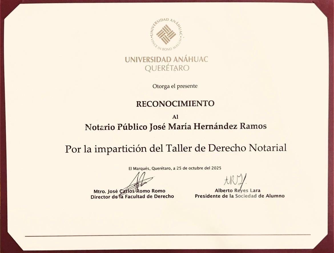 Agradecido con la <a href="/anahuacqro/">U. Anáhuac Querétaro</a> por la invitación a impartir el Taller de Derecho Notarial.

Más que el reconocimiento, valoro el interés de los estudiantes por aprender esta materia.
Siempre dispuesto a compartir lo poco que sé. ⚖️📚

#DerechoNotarial #Anáhuac #Notariado