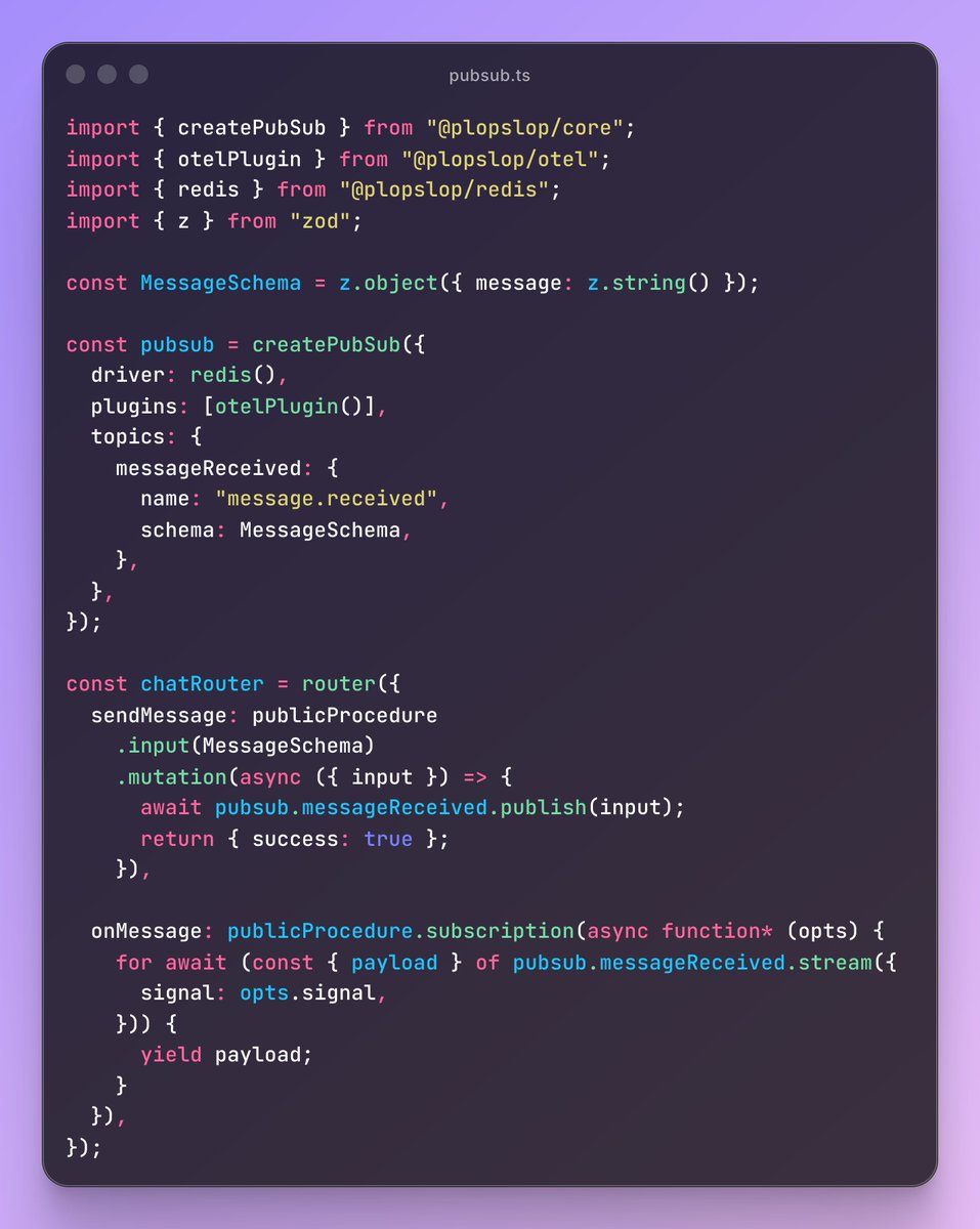 philippdyck's tweet photo. Built a simple, type-safe pubsub library with Redis and Postgres drivers. Check out the @nextjs / @trpcio example to see how it works with subscriptions!
https://t.co/8Qu56TaRL5 https://t.co/NKarXYunof