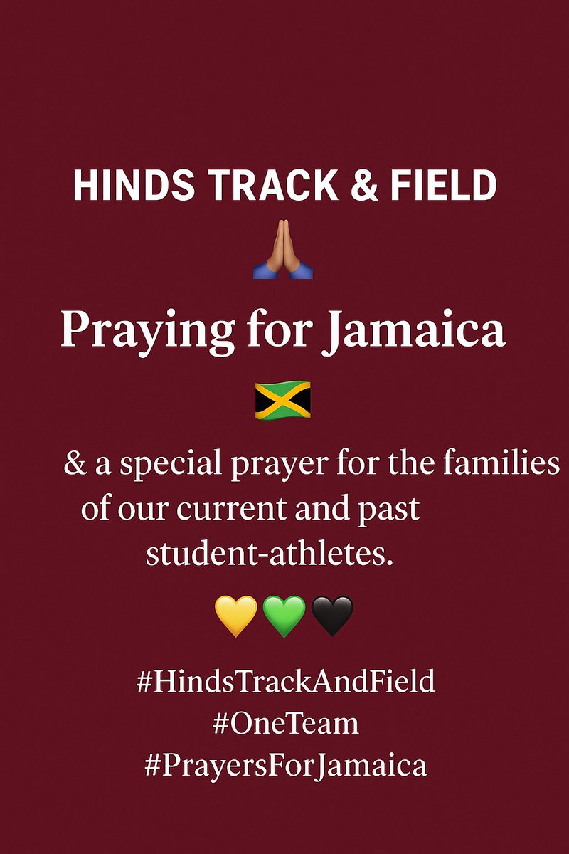 HINDS TRACK &amp; FIELD 🙏
Our hearts are with our friends and family in Jamaica 🇯🇲
Praying for protection and safety through Hurricane Melissa. 💛💚