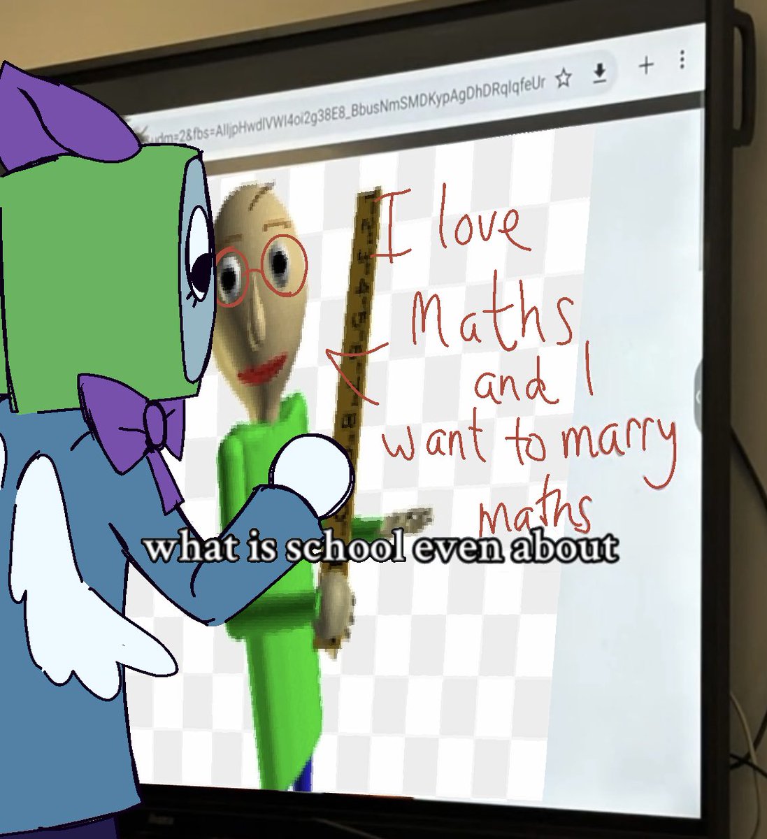 Ok not mine but it reminded me of em/silly

<a href="/PixelBaldimore/">Pixel Baldimore (Baldi's wife! 💍)</a>