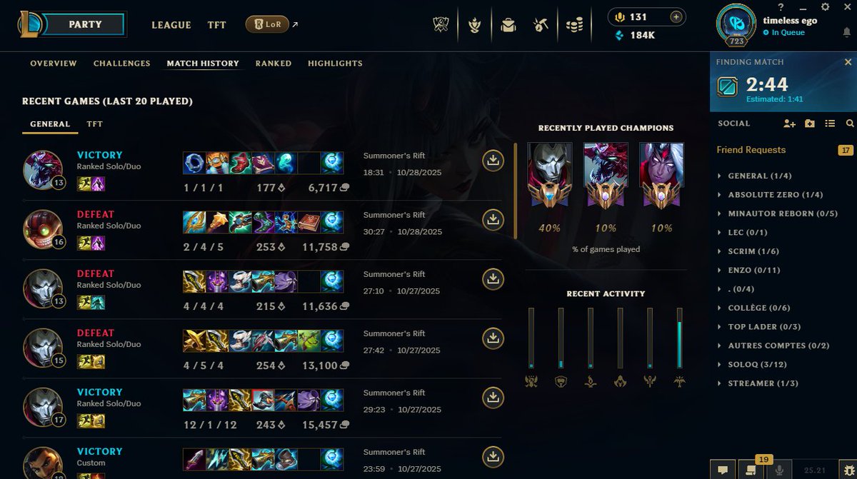 📺 Diamond - 15ans - 5/30 (4h de stream/j pdt 30j) - Objectif jouer contre Caliste une fois dans ma vie.   

📷Training orienté sur le positionnement (réduire le nombre de morts) (on pick en fonction de la draft)

twitch.tv/l3o__lol