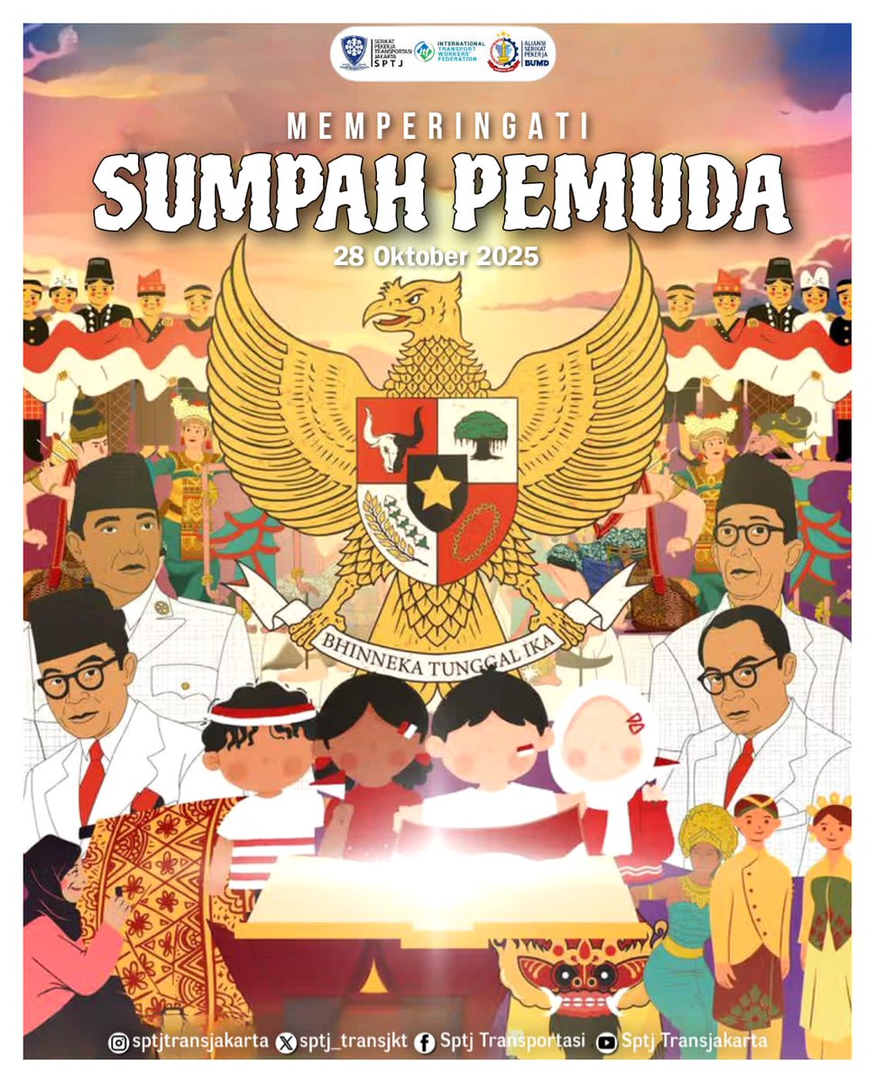Sptj_transjkt's tweet photo. ** Serikat Pekerja Transportasi Jakarta (SPTJ)
mengucapkan  
"Selamat Memperingati Hari Sumpah Pemuda"
28 Oktober 2025.
" Satu Nusa, Satu Bangsa, Satu Bahasa – Indonesia!"

#SumpahPemuda2025  
#SPTJ  
#SolidaritasPekerja  
#TransportasiUntukRakyat https://t.co/puTUnTgJSj