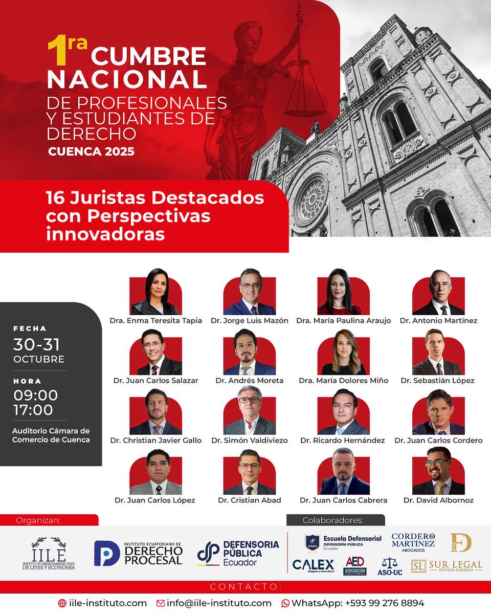 EnmaTapiaRivera's tweet photo. Paso por aquí para invitarlos a visitar la hermosa ciudad de Cuenca, este 30 y 31 de octubre, se llevará a cabo un evento de trascendental importancia en el derecho, la 1 CUMBRE NACIONAL DE PROFESIONALES  Y ESTUDIANTES DE DERECHO, estarán 16 juristas destacados y sobre todo con perspectivas innovadoras. La ponencia inaugural la disertará el Maestro Jorge Luis Mazón @jolismazon con un tema súper interesante, “ Las aplicaciones prácticas del principio de comunidad de la prueba” luego el Dr Ricardo Hernandez @rikino14 con el tema:  Existe inversión de la carga de la prueba en el procedimiento ejecutivo?, yo les contaré sobre la Inversión de la carga de la prueba en materia laboral. Y esto es solo un ejemplo de lo increíble que estará este evento, Cuenca se lo merece, y ustedes no pueden perderse un evento de esta talla. Además les recuerdo que Cuenca está de fiesta, así que aprovechen esta oportunidad, no pueden dejar de asistir al evento y recorrer Cuenquita. @procesalecuador. Nos vemos en la Atenas del Ecuador.  Link de inscripción https://t.co/4wX5cQa6GK