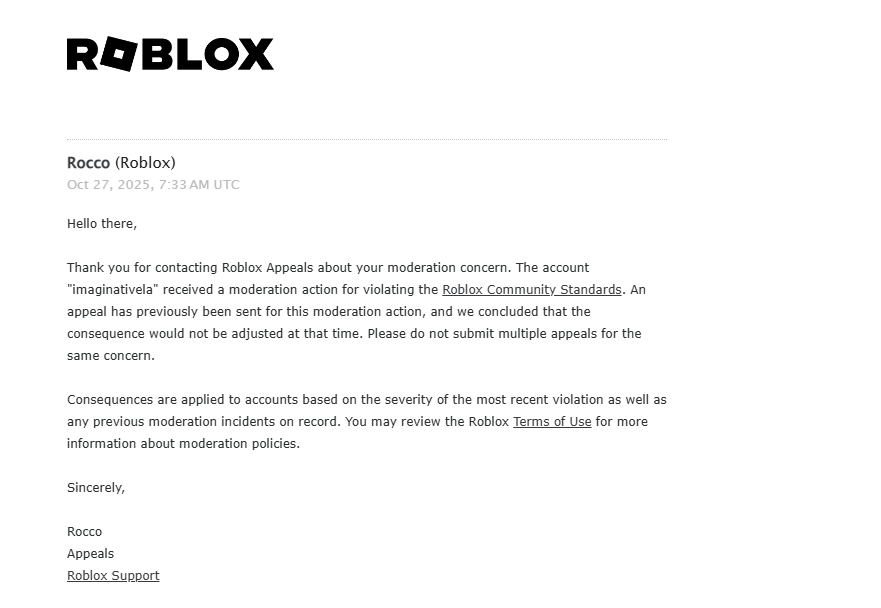 imaginativelaa's tweet photo. @Roblox @DramfionRBX id appreciate if you could review my case too as i was falsely terminated and i have not been able to get a proper review for my appeal even though ive provided tons of screenshots of evidence, i lost so much and id really like if u could review this, thank you https://t.co/xDy6BiTl4z