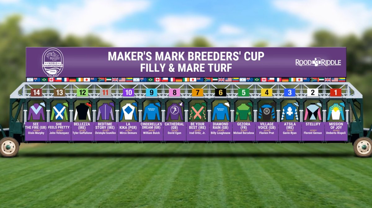 BreedersCup's tweet image. OFFICIAL: Post Positions for the $2 Million @MakersMark #BreedersCup Filly &amp;amp; Mare Turf at @delmarracing. #BC25 @roodandriddle

ℹ️: thebc.ltd/4niVoTb
