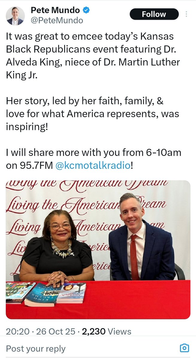 KSBlackGOP's tweet photo. We can't wait to show you official photos from the "Living the American Dream: A Conversation with Dr. Alveda King" event. 

In the meantime, read a few glowing reviews from these great Americans! #ksleg #KC #moleg https://t.co/mGczCmvo71